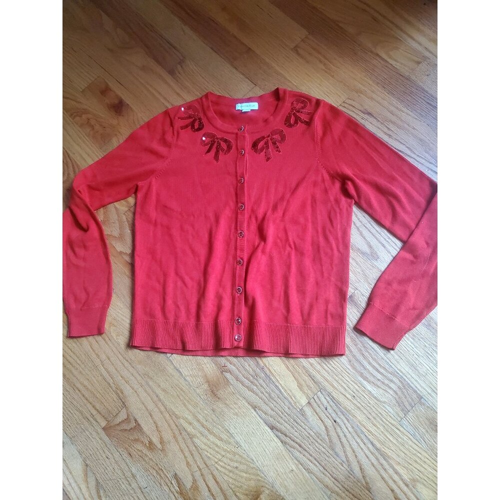Vintage Charter Club Red Sequin Bow Buttons Cardigan Sweater Petite Medium